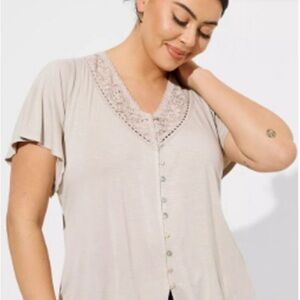 Torrid Knit V-neck Lace Insert Button Tee Chateau Gray Size 3x